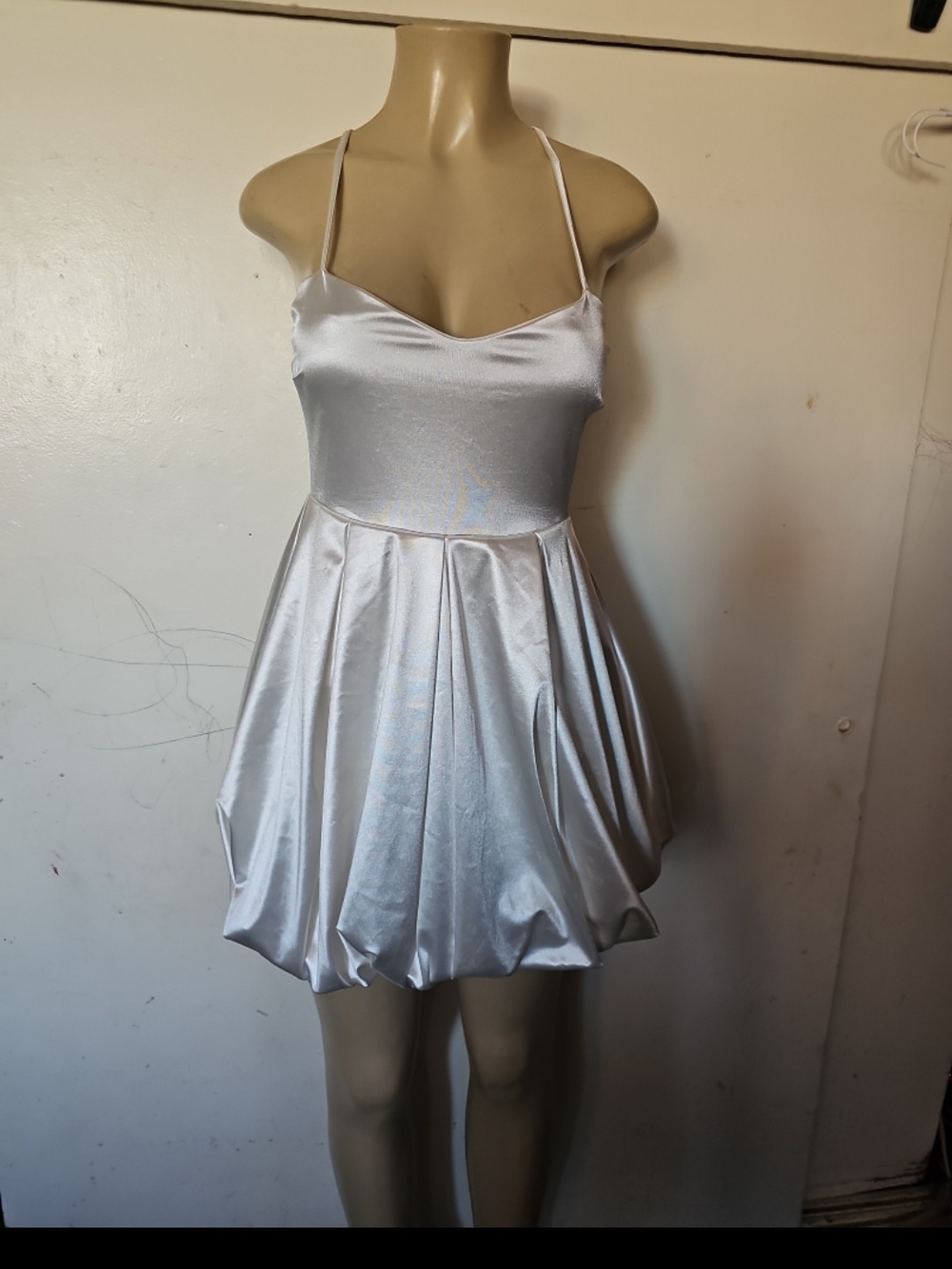 Windsor Silver Satin Bubble Hem Mini Dress